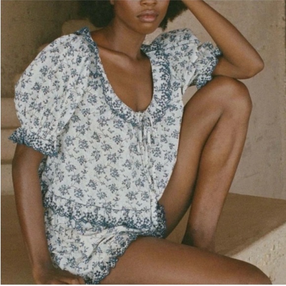 Doen Tops - DOEN Songbird Toile Lazuli Top XS Blue White Floral Puff Sleeve Babydoll Eyelet